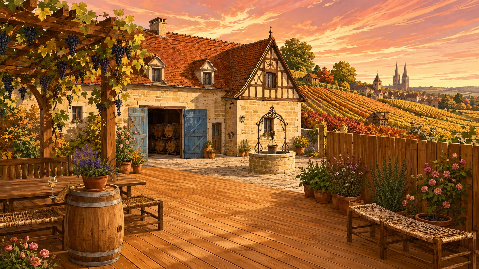 Illustration paysagère du dépôt avec terrasse en bois et clôture
